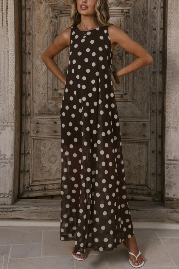 Polka Dot Print Loose Round Neck Sleeveless Mesh Casual Maxi Dress | Consonak