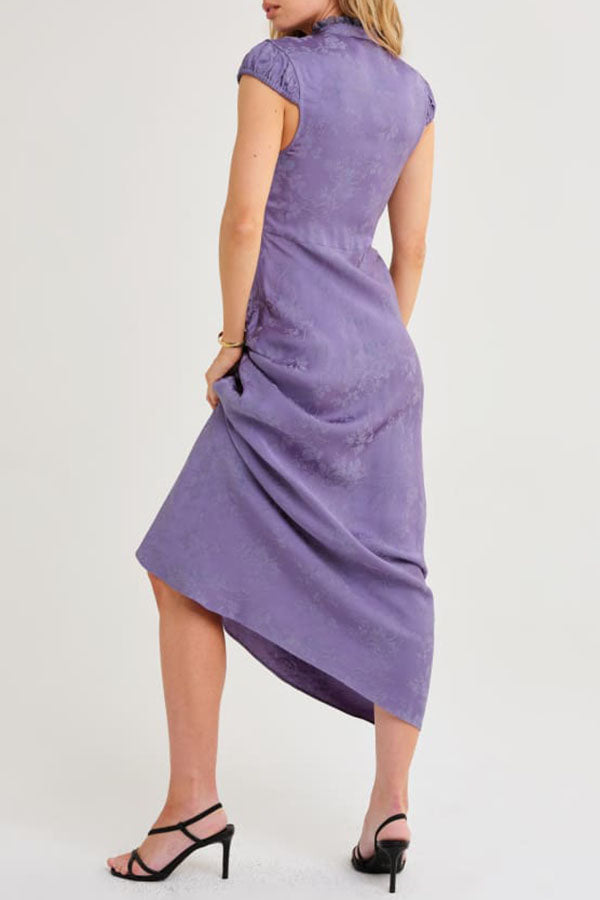 30s-inspired Satin Jacquard Floral Print Ruffle Velvet Bow Neck Short Sleeve Maxi Dress