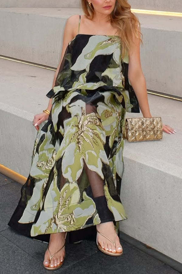 Effortlessly Romantic Floral Print Tiered Slip Square Neck A-line Maxi Dress