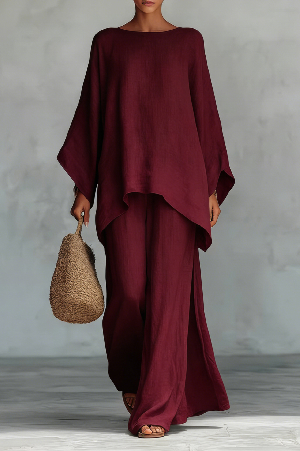 Linen Blend Crew Neck Long-sleeved Loose Top and Elastic Waist Casual Wide-leg Pants Set