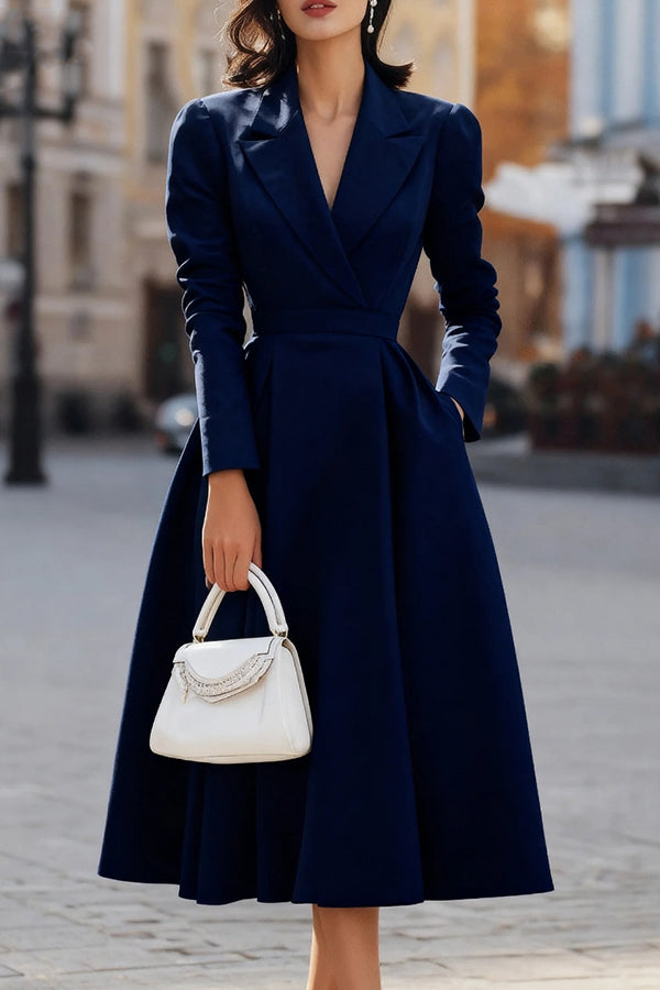 Solid Color Lapel Long Sleeve Waist Pocket Midi Dress-consonak