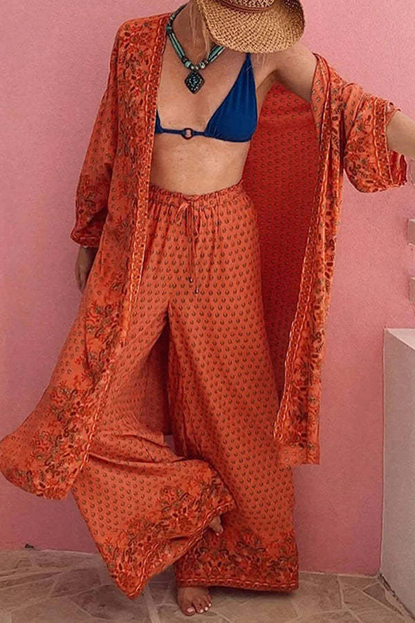 Unique Printed Long-sleeved Loose Long Cardigan and Elastic Waist Casual Wide-leg Pants Set-consonak