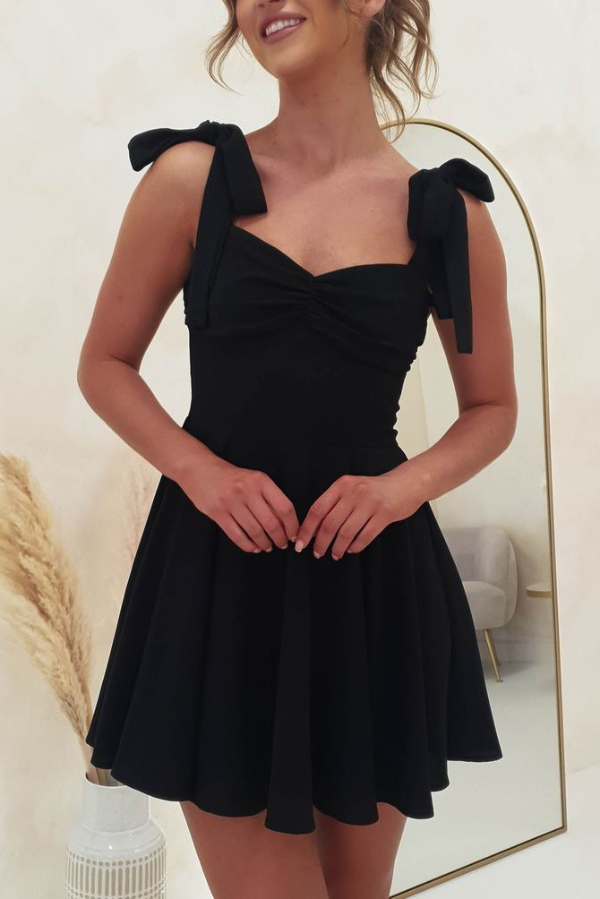 Solid Color Suspender Strap Pleated Slim Fit Mini Dress