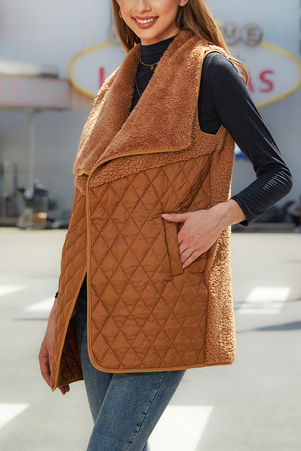 Fashion Plush Patchwork Sleeveless Pocket Vest Jacket-consonak