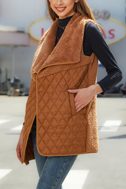 Fashion Plush Patchwork Sleeveless Pocket Vest Jacket-consonak