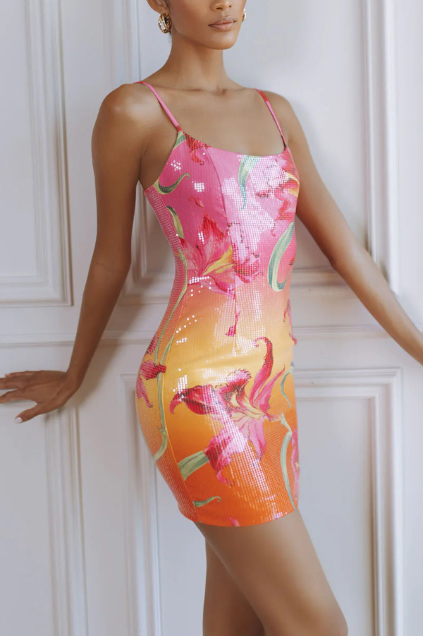 Fashionable Sequined Printed Suspender Slim-fit Mini Dress