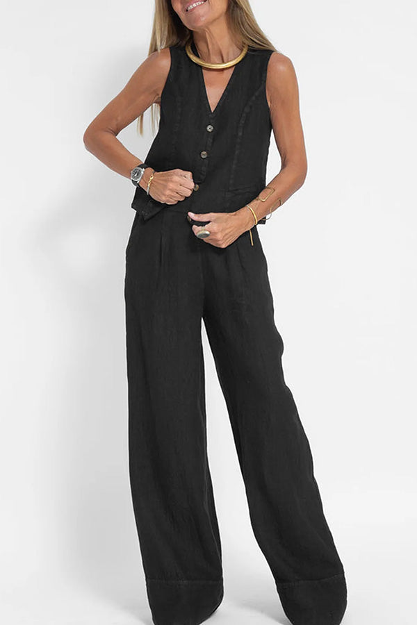 Eddie Linen Blend Button Vest and Elastic Waist Pocketed Wide Leg Pants Set-consonak