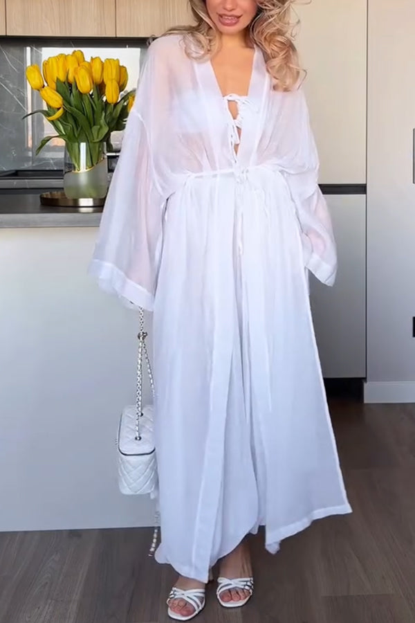 Flowy Linen Blend Halter Tank & Elastic Waist Tie-up Wide Leg Pants & Kimono Cover-Ups 3pieces Set