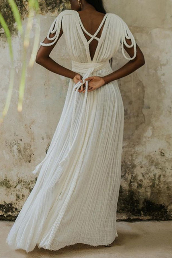 Resort Style Draped Braids Shoulder Backless Cover-up Loose Maxi Dress-consonak