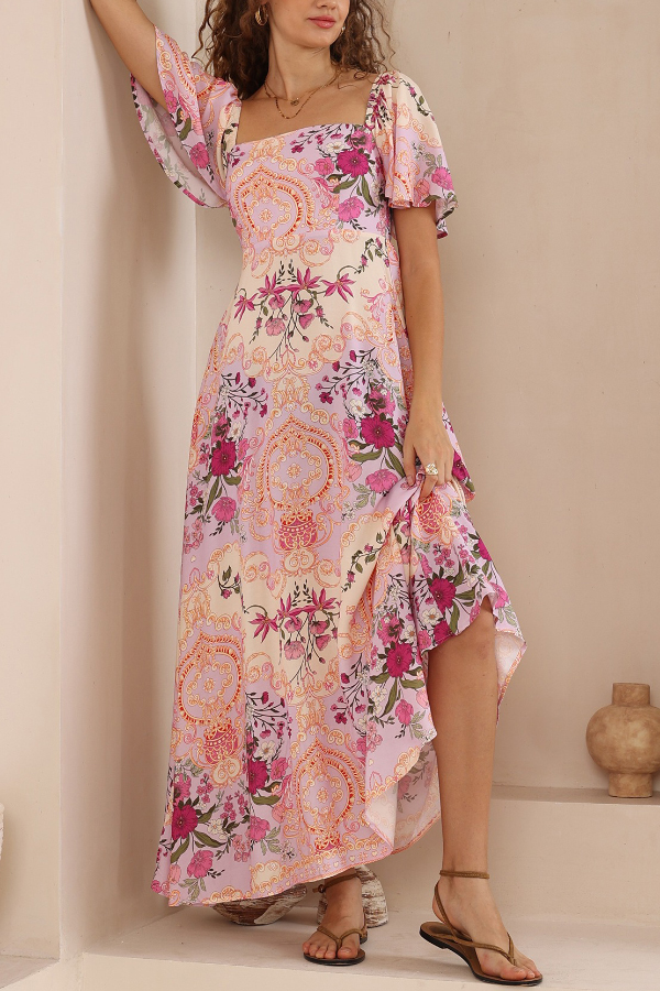 Plant Print Short-sleeved Square Neck Casual Pocket Holiday Midi Dress-consonak