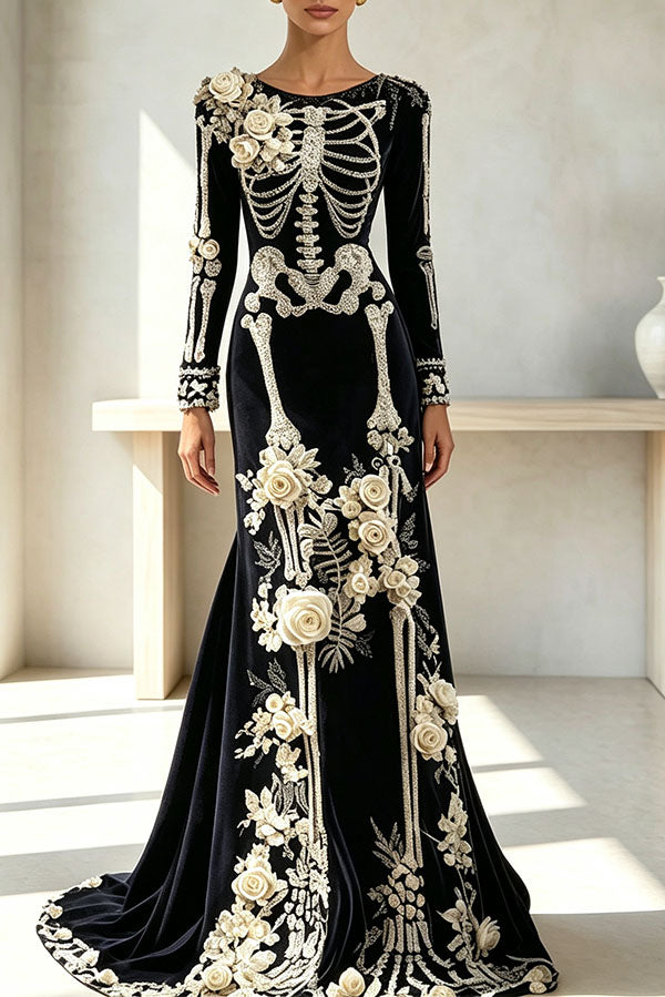 Luxury skull embroidered velvet dress-Consonak