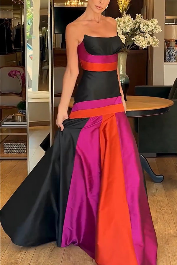 Reina Satin Color-block Strapless Fishtail Flared Hem Porm Maxi Dress-consonak