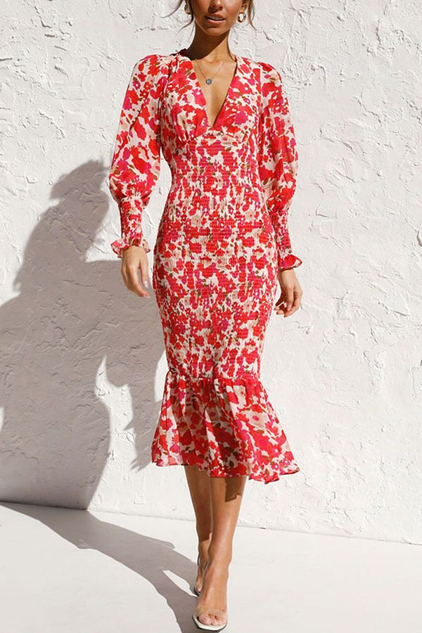 Rowena Floral Bishop Sleeve Smocked Midi Dress-consonak