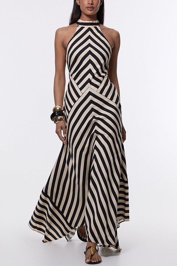Modern Perfection Geometric Stripes Print Open Back Irregular Hem Maxi Dress-consonak