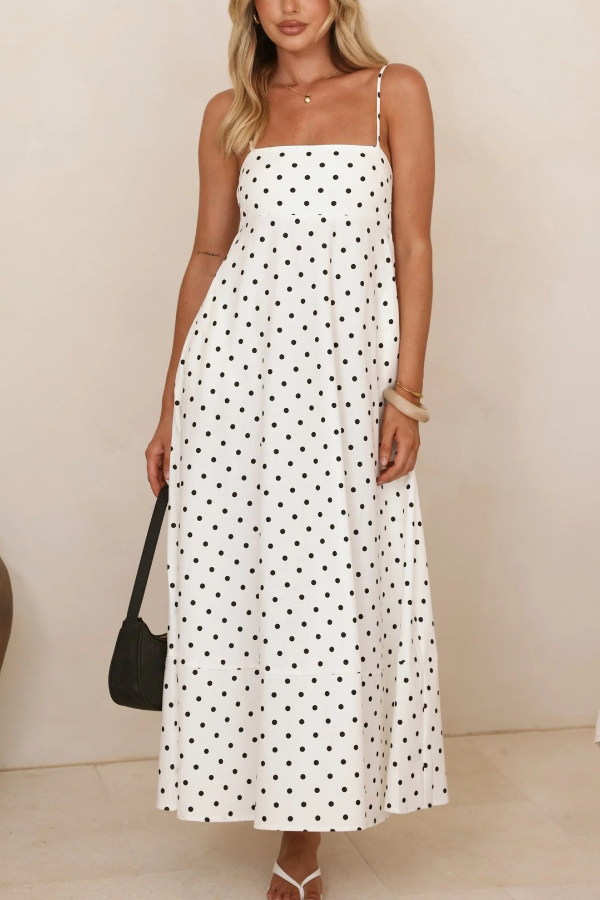 Polka Dot Print Square Neck Suspender Casual Pocket Maxi Dress-consonak