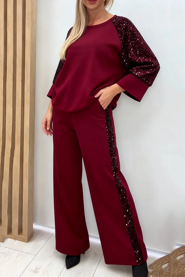 Stylish Sequined Loose-fitting Crew Neck Top and Casual Pocket Wide-leg Pants Set-consonak