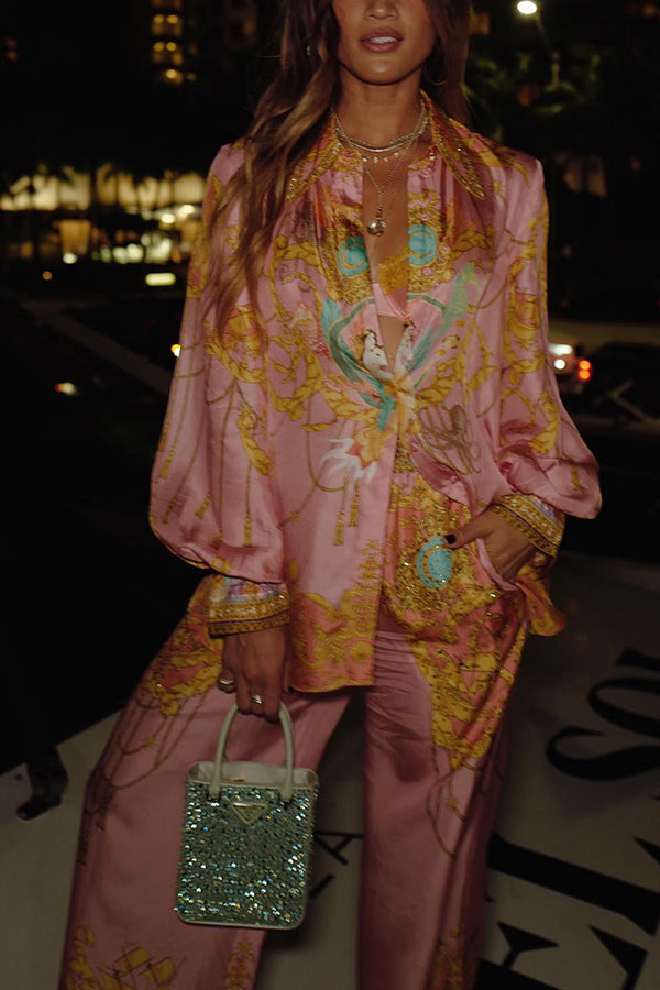 Mermaid Motel Unique Print Long Sleeve Loose Shirt and Elastic Waist Pants Set | Consonak