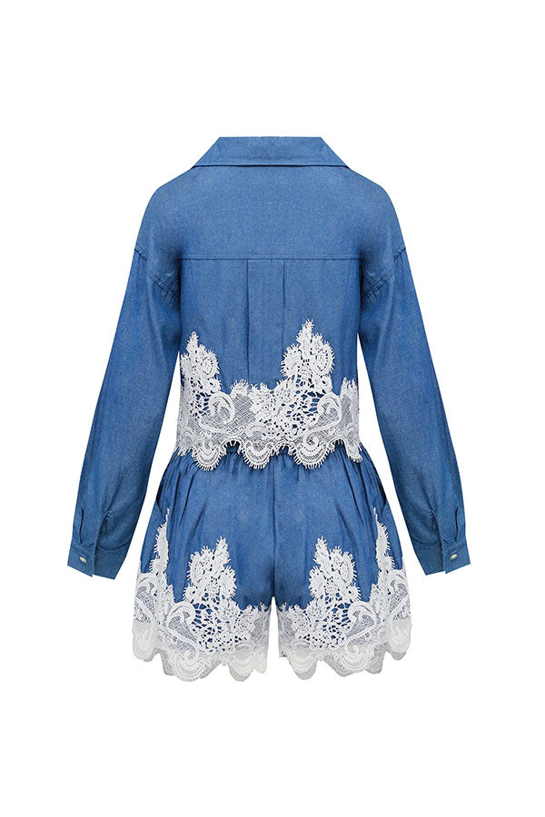 Nasha Denim Lace Trim Button Long Sleeve Shirt and High Rise Pocket Wide Leg Shorts Set-consonak