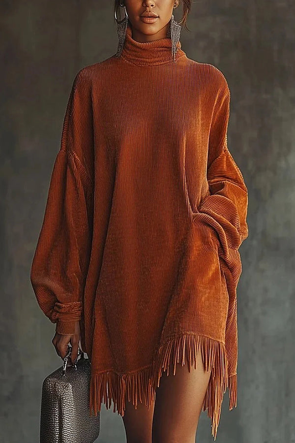Solid Color Loose-fitting Turtleneck Long-sleeved Tassel Hem Casual Mini Dress-consonak