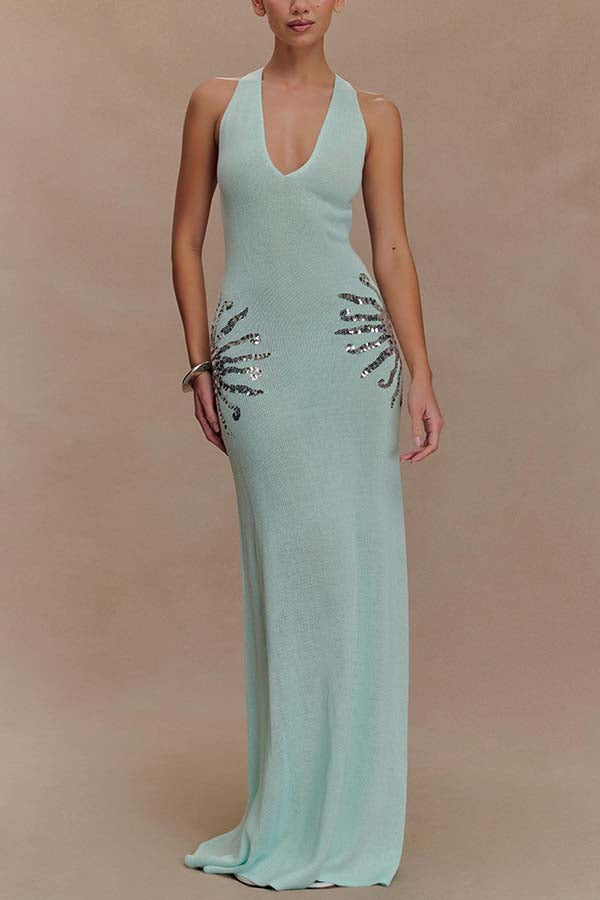 Sparkling Nights Knit Sunburst Sequin Detail Back Cross Straps Stretch Maxi Dress | Consonak