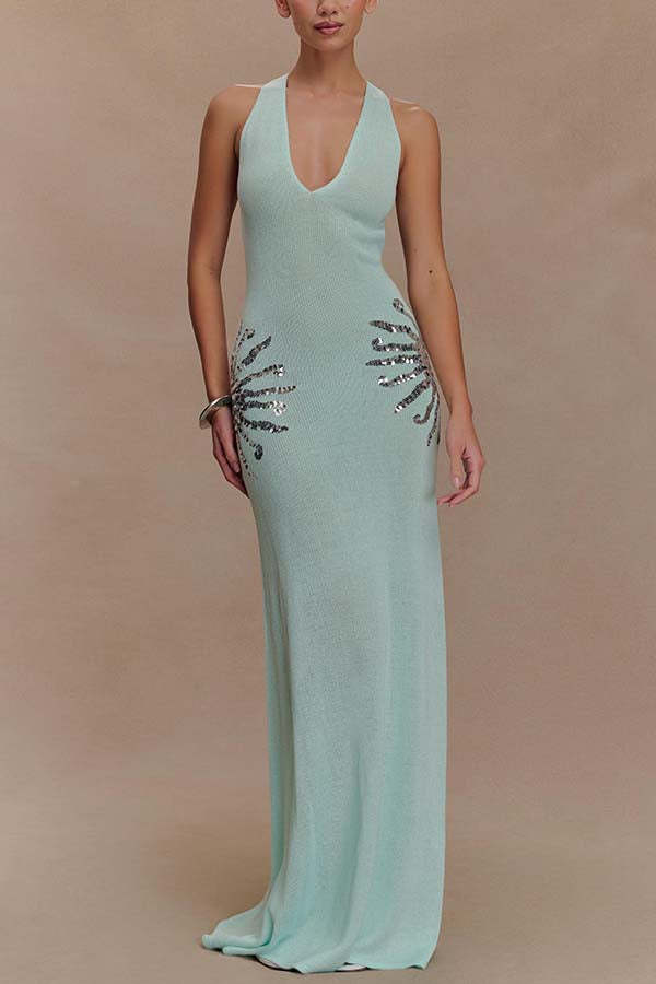 Sparkling Nights Knit Sunburst Sequin Detail Back Cross Straps Stretch Maxi Dress-consonak