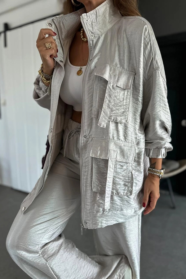 Easy on Me Metallic Fabric Flap Pocket Cargo Style Zipper Loose Jacket-consonak