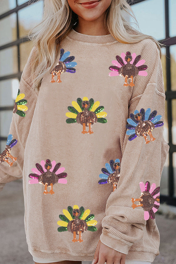 Colorful Turkey Sequin Print Loose Long-sleeved Sweatshirt-consonak