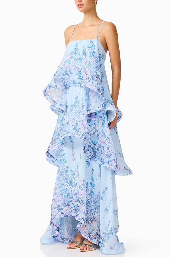 Armani Georgette Fabric Floral Print Tiered Slip Square Neck A-line Maxi Dress | Consonak