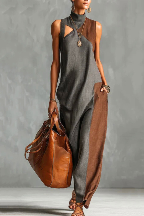 Stylish Color-blocked High-neck Sleeveless Casual Pocket Maxi Dress | Consonak
