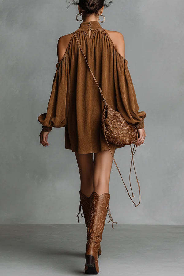 Stylish Off-shoulder Lantern-sleeved Suede Loose Mini Dress-consonak