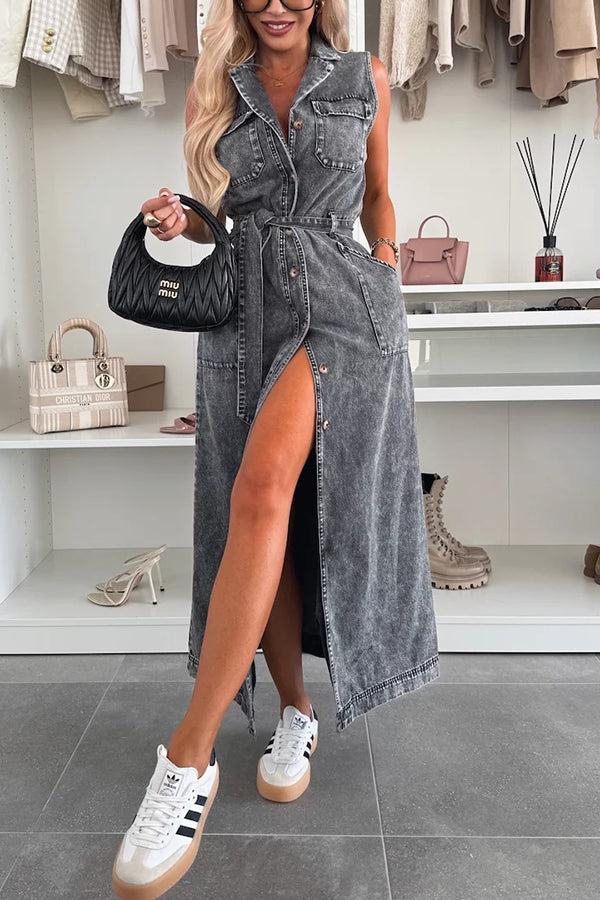 Solid Color Sleeveless Single Breasted Waist Tie Casual Pocket Denim Midi Dress | Consonak