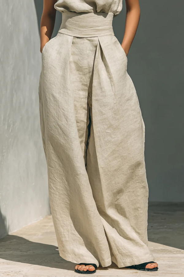 Linen Blend Solid Color Turtleneck Sleeveless Top and Casual High-waisted Elastic Waist Pocket Wide-leg Pants Set