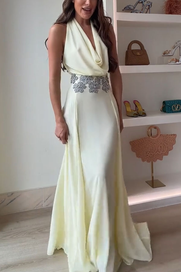 Santal Chiffon Detachable Halter Cowl Neck Scarf Floral Diamante Trims Maxi Dress-consonak