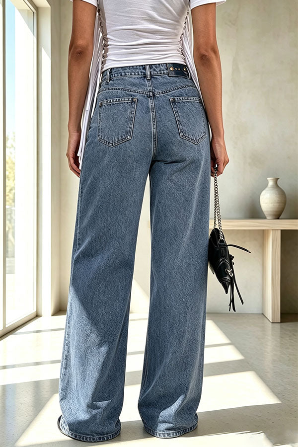 Retro Casual Denim Heart Print High Rise Pocket Wide Leg Jeans-Consonak