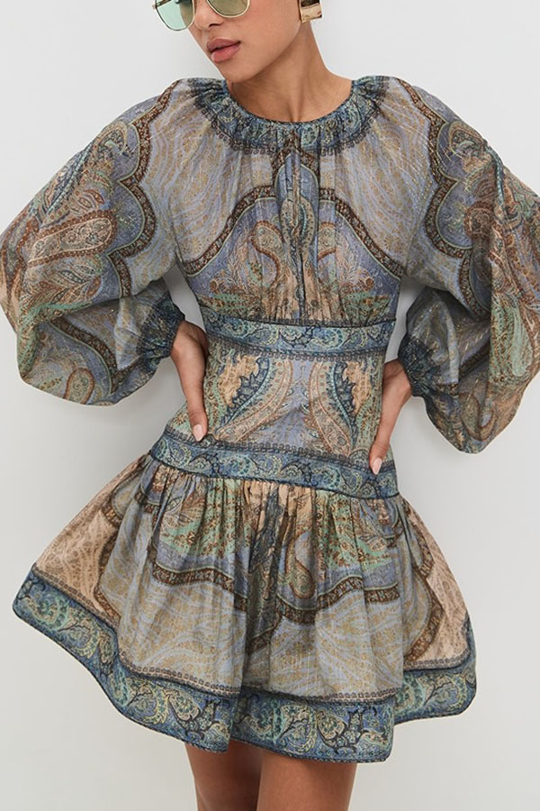 Exotic Style Paisley Print Long Balloon Sleeve Smocked Waist Mini Dress