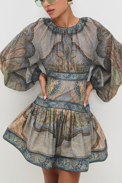 Exotic Style Paisley Print Long Balloon Sleeve Smocked Waist Mini Dress