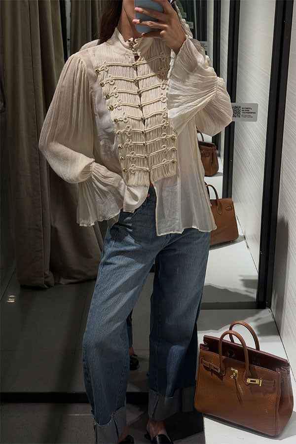 French Romantic Metal Button-down Pleated Ruffle Sleeve Napoleon Shirt-Consonak