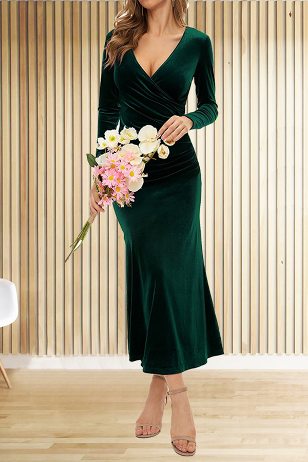 Solid Color Velvet Long Sleeve V-neck Slim Fit Fishtail Maxi Dress-consonak
