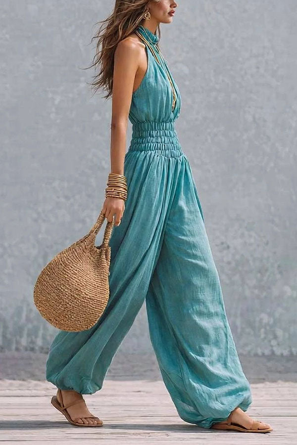 Flowy Smocked Waist Wide-Leg Palazzo Romper-Consonak