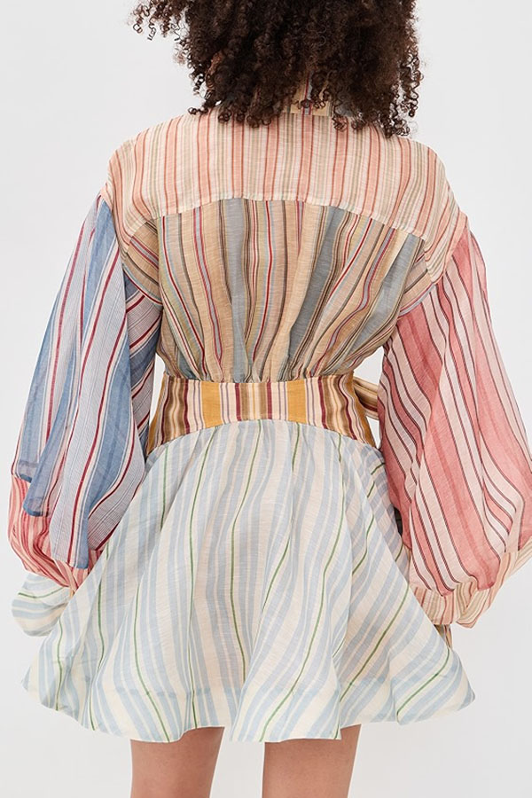 Salie Linen Blend Color-block Stripes Twisted Wrap Long Balloon Sleeve Shirt Mini Dress-consonak