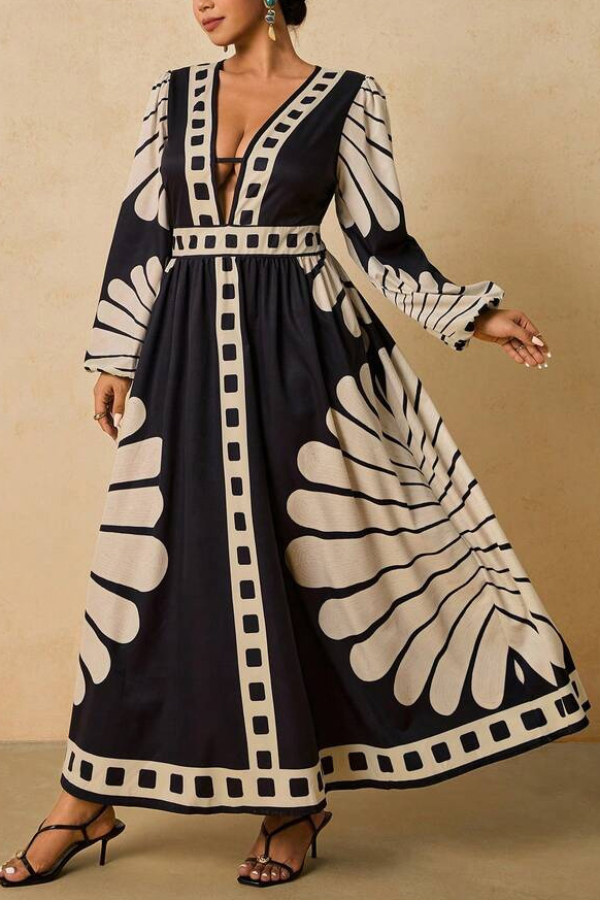 Unique Print V-Neck Long Sleeve Casual Vacation Maxi Dress
