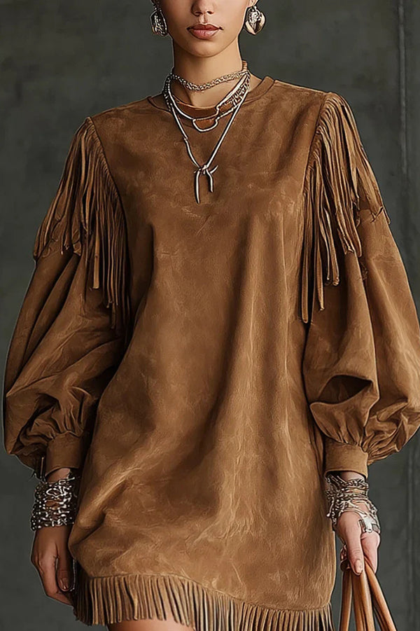 Solid Color Suede Loose Round Neck Lantern Sleeve Tassel Mini Dress-consonak