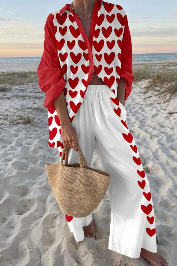 Heart-Print Loose-fitting Shirt and Elastic Waistband Pocket Pants Set