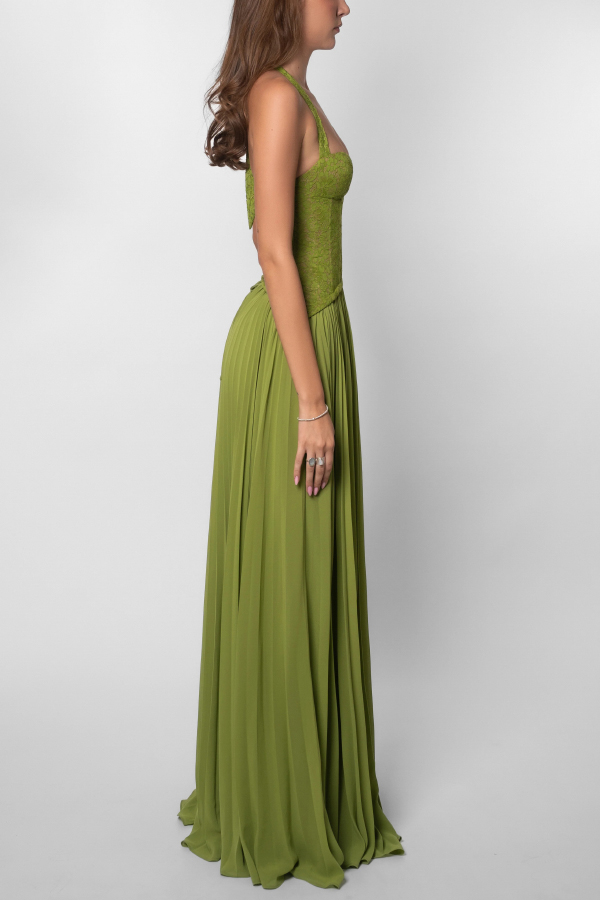 Elegant Lace Patchwork Halter Neck Tie Backless Pleated Maxi Dress-consonak