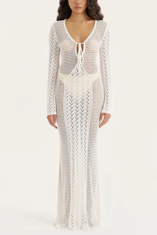 Solid Color Hollowed-out Long-sleeved V-neck Slim-fit Cover-up Maxi Dress-consonak