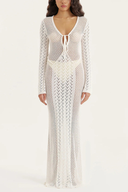 Solid Color Hollowed-out Long-sleeved V-neck Slim-fit Cover-up Maxi Dress-consonak