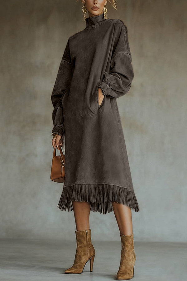Solid Color Suede Loose Long-sleeved Casual Pocket Tassel Hem Midi Dress-consonak