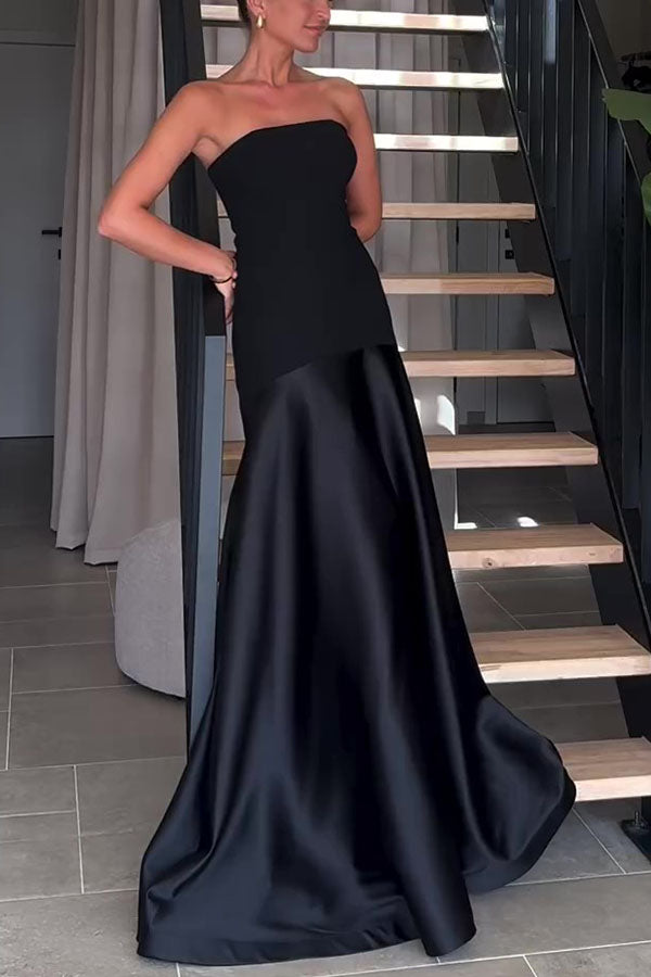 Timeless Elegance Satin Patchwork Strapless Flare Gown Maxi Dress | Consonak