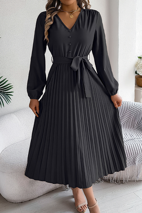 Solid Color Elegant V-neck Buttoned Lace-up Pleated Maxi Dress-consonak