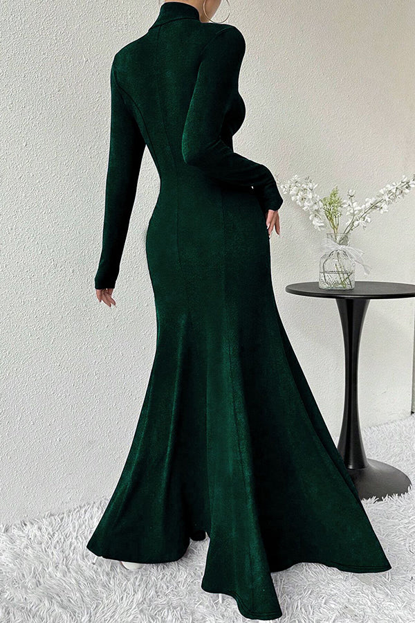 Solid Color High-neck Long-sleeved Slim-fit Fishtail Elegant Maxi Dress-consonak